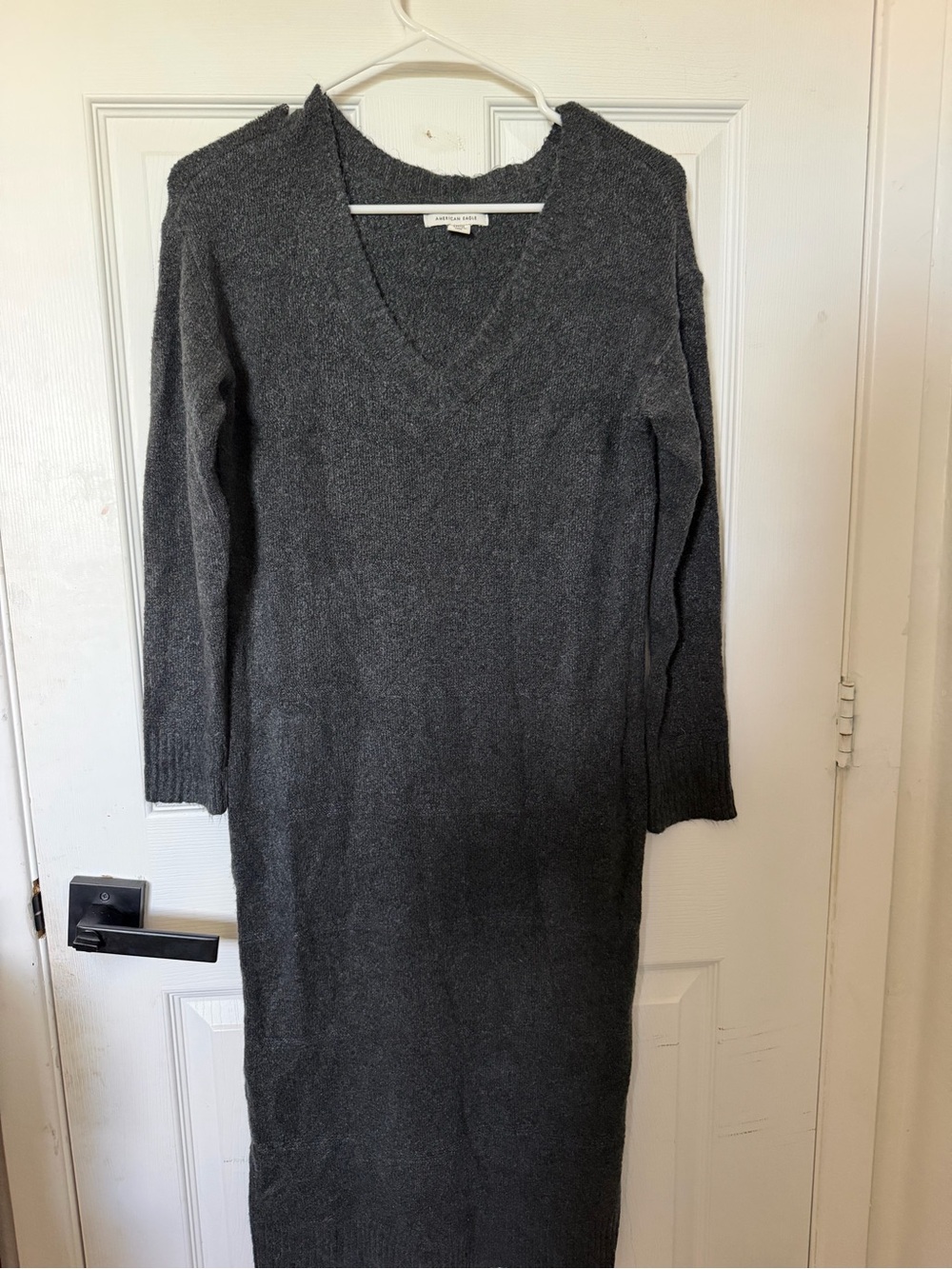 American Eagle Long Sleeve V-Neck Knit Dress in Charcoal